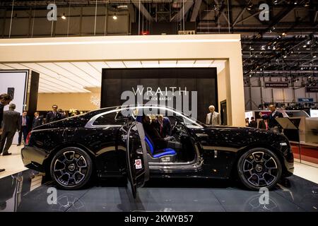 Badge Rolls Royce Wraith Black al Motor Show di Ginevra, Svizzera, CH, il 7 marzo 2017. (Foto di Saso Domijan) Foto Stock