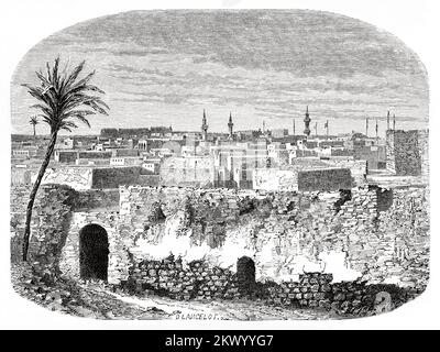 Vista panoramica generale dell'antica città di Tripoli nel 1850, Libia. Nord Africa Foto Stock