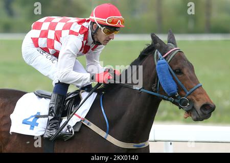 17.04.2017., Zagabria, Croazia - Gallop di Pasqua all'Ippodromo di Zagabria. Horse MR. Machine e il jockey Goran Mesetovic hanno vinto la corsa inglese di 1200 metri del cavallo di razza Thoroughbred, per i cavalli di quattro anni e oltre. Foto: Sanjin Strukic/PIXSELL Foto Stock