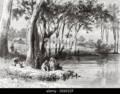 Giovani che praticano la pesca nella provincia di Victoria, Stati australiani di Victoria, Australia. Souvenir di una squadra francese in Australia di H. de Castella 1854-1856 Foto Stock