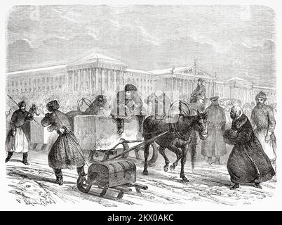 Trasporto di ghiaccio su una slitta attraverso le strade di San Pietroburgo, Russia. Un inverno a San Pietroburgo di Philippe Blanchard 1856. Le Tour du Monde 1861 Foto Stock