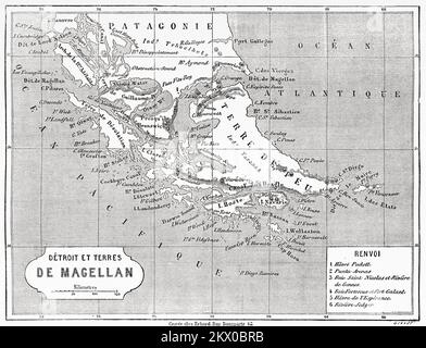 Vecchia mappa dello stretto di Magellano, Patagonia. Cile, Sud America. Diario di un viaggio allo stretto di Magellano di V de Rochas 1856-1859. Le Tour du Monde 1861 Foto Stock