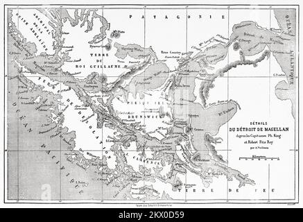 Vecchia mappa dello stretto di Magellano, Patagonia. Cile, Sud America. Diario di un viaggio allo stretto di Magellano di V de Rochas 1856-1859. Le Tour du Monde 1861 Foto Stock
