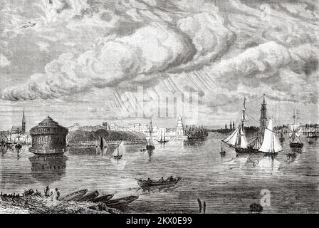 Ingresso al porto di New York, USA. Viaggi in Nord America da Louis Deville, Stati Uniti e Canada 1854-1855. Le Tour du Monde 1861 Foto Stock