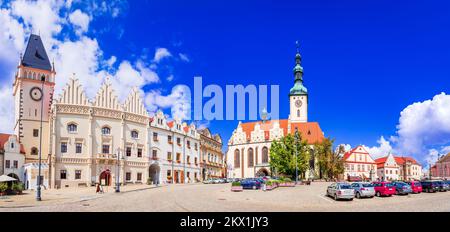 Tabor, Repubblica Ceca. Immagine del paesaggio urbano di Piazza Zizka, Tabor storico in Boemia, paesaggio giorno di sole. Foto Stock