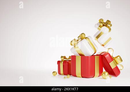 3D Illustrazione buon Natale e Felice Anno Nuovo. Scatole regali di lusso realistiche. Apri la confezione regalo piena con la confezione regalo bianca all'interno Foto Stock