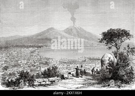 Panoramica generale della città italiana di Napoli e del Vesuvio sullo sfondo, Campania. Italia. Napoli e i napoletani di Marc Monnier 1861 Foto Stock