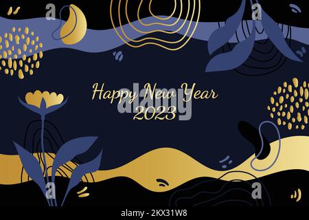 Felice anno nuovo 2023 sfondo. Poster della celebrazione del 1 gennaio. Memphis stile floreale oro lucido, blu navy design astratto. Vettore banner orizzontale Illustrazione Vettoriale