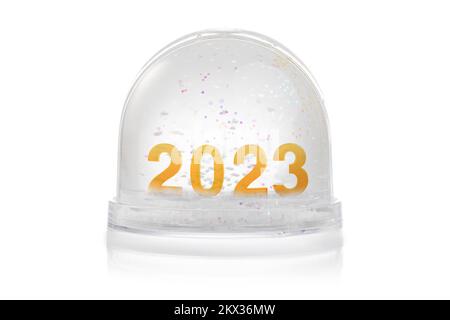 Carta con glitter isolato su bianco. Felice nuovo anno 2023 concetto Foto Stock