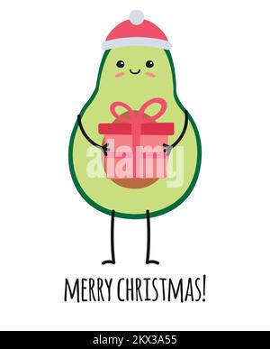 Vector piano cartoon avocado di Natale con presente e lettere isolato su sfondo bianco Illustrazione Vettoriale