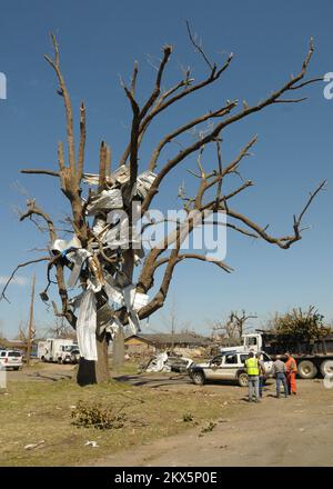 Grave tempesta Tornado - Mena, Ark. , 11 aprile 2009 Un grande albero spogliato delle sue foglie ora su un drappeggio di copertura di alluminio spostato dalle strutture di area dalla forza di un tornado F3 che rastrellò la città la sera del 9 aprile. Molte altre contee dell'Arkansas occidentale sono state colpite da cinque tornado documentati che hanno colpito la zona quella notte. FEMA .. Fotografie relative a disastri e programmi, attività e funzionari di gestione delle emergenze Foto Stock