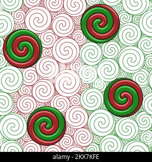 Modello natalizio senza cuciture con volute e caramelle. Sfondo colorato vettoriale. Illustrazione Vettoriale