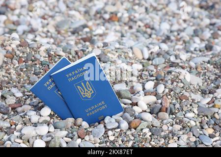 Il nuovo passaporto biometrico ucraino ti consente di viaggiare nei paesi europei dell'Unione europea senza visto. Documento d'identità elettronico senza visto. Gli ucraini ricevono nuovi passaporti internazionali Foto Stock