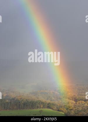 Arcobaleno con alberi autunnali al sole e docce a Wharfedale, West Yorkshire, Regno Unito Foto Stock