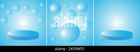 Collezione di sfondi vettoriali in tonalità bianco-blu. Podio per presentazione prodotti e sfere astratte. Stile minimalista. Illustrazione Vettoriale