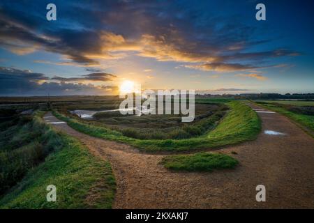 Thornham Old Harbour e paludi all'alba, Thornham, Norfolk, Inghilterra, Regno Unito Foto Stock