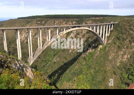 Una splendida vista sul ponte sul fiume Bloukrans sulla Garden Route in Sud Africa. Il punto più alto al mondo per il bungee jumping Foto Stock