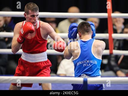 26.01.2020., Zagreb, Croazia - Erik Pijetraj (ROSSO) caselle contro Diego Mammic (BLU) durante la partita della divisione peso Light Welter (63kg) al torneo di pugilato croato in Zagrebacki velesajam Hall il 26 gennaio 2020 a Zagreb, Croazia. Foto: Jurica Galoic/PIXSELL Foto Stock