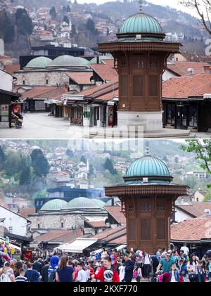 04.04.2020., Sarajevo, Bosnia-Erzegovina - la foto combinata mostra le persone al vecchio bazzar Bascarsija a Sarajevo, Bosnia-Erzegovina il 24 aprile 2019 (in basso) e la strada vuota dello stesso luogo durante la pandemia COVID-19 il 30 marzo 2020. Foto: Armin Durgut/PIXSELL Foto Stock