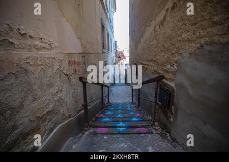 Murale sulle scale tepeciche dell'artista di strada Tihomir Krklec Afrika, a Zagabria, Croazia, agosto 20,2020. In collaborazione con l'Ufficio Turistico di Zagabria, il progetto d'arte â€œOkoloâ€ (circa), Che ravviva le strade nascoste, i passaggi dimenticati, le tettoie dei parchi di Zagabria e gli angoli della Città alta, si terrà da oggi al 30 agosto 2020. Quest'anno â€œOkoloâ€ œwoundedâ dedicato alla città di â€€ e creando un'immagine più ottimistica di Zagabria. Insieme ad artisti locali, essi condurranno una serie di interventi urbani volti a rivitalizzare spazi pubblici selezionati e a riunire la comunità Foto Stock