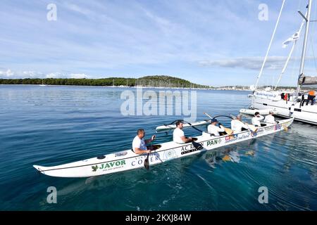 Il team Argonauts di Bjelovar è arrivato a Rogoznica, in Croazia, durante il progetto 'Adriatico senza fiato', il 21 ottobre 2020. Hanno in programma di fare 650 chilometri in una canoa a sei posti da Prevlaka a Savudrija in otto giorni. Il progetto avrebbe dovuto iniziare a maggio, ma è stato rimandato a causa della pandemia, quindi iniziano a canottare da Prevlaka lunedì 19 ottobre 2020. Con questo progetto, Agronauts sta cercando di rendere il pubblico consapevole che ci sono persone con una rara malattia di ipertensione polmonare che perdono il respiro ogni giorno. Foto: Hrvoje Jelavic/PIXSELL Foto Stock