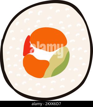 Sushi in stile cartoon piatto. Cucina tradizionale giapponese disegnata a mano. Illustrazione Vettoriale