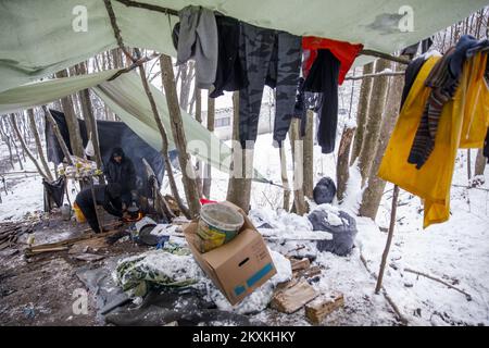 I migranti si riscaldano nel campo di fortuna nel bosco, vicino a Velika Kladusa, Bosnia-Erzegovina, il 14 gennaio 2021. Diverse centinaia di migranti, per la maggior parte provenienti dal Bangladesh, hanno fatto campi nei boschi vicino a Velika Kladusa e attende la primavera per cercare di attraversare le frontiere per i paesi dell'Unione europea. L'Organizzazione internazionale per le migrazioni (OIM) fornisce loro cibo, abbigliamento e calzature. Attualmente in Bosnia vi sono circa 8.000 migranti e rifugiati provenienti dal Medio Oriente, dall'Asia e dall'Africa. Foto: Armin Durgut/PIXSELL Foto Stock