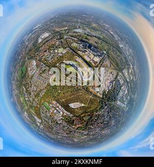 Veduta aerea, tetraedro su Beckstraße slagheap, alpincenter Bottrop, colpo di fisheye, colpo a 360 gradi, Batenbrock-Nord, Bottrop, zona della Ruhr, Nord Reno- Foto Stock