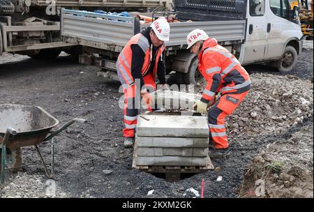 È iniziata la costruzione del containers per le persone che hanno perso le loro case nel terremoto della Fiera di Petrinja. Si prevede di installare le prime 14 case su un totale di 81 unità abitative e altre 15 più grandi comuni (ambulanza, biblioteca, cucina ...) alla fine della giornata. I primi abitanti dell'insediamento sono attesi il 13th febbraio. E dopo di che la parte di affari dell'insediamento è stata costruita a Petrinja, Croazia, il 03. Febbraio, 2021. Foto: Emica Elvedji/PIXSELL Foto Stock