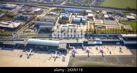 Vista aerea, aeroporto di Dortmund, sala terminal, quartiere degli affari Chaussee, Wickede, Dortmund, zona della Ruhr, Renania settentrionale-Vestfalia, Germania, Terminal buil Foto Stock