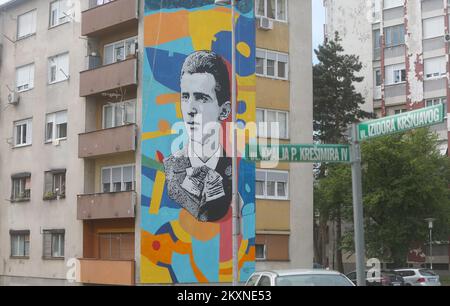 La foto scattata il 10 maggio 2021 mostra una grande grafite dell'inventore Nikola Tesla su un edificio di appartamenti, a Karlovac, Croatia.Graphite è fatta secondo una fotografia che mostra Nikola Tesla più giovane. Il murale dell'artista Leonard Lesic di Duga resa è di 15 metri di altezza e 6 metri long.graphite si trova vicino al più alto Real Gymnasium dove l'inventore genio ha studiato e ricevuto il suo ultimo diploma formale. Foto: Kristina Stedul Fabac/PIXSELL Foto Stock