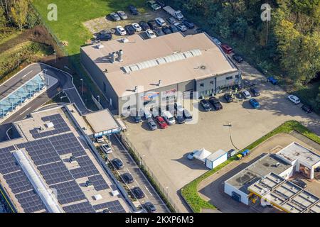 Veduta aerea, carrozzeria e verniciatura Ascar, Friedrich-Ebert-Strasse, zona industriale di Bärenstrasse, Overbruch, Duisburg, Regione della Ruhr, Nord Reno-Wes Foto Stock