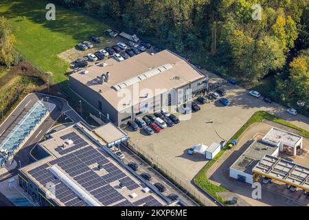 Veduta aerea, carrozzeria e verniciatura Ascar, Friedrich-Ebert-Strasse, zona industriale di Bärenstrasse, Overbruch, Duisburg, Regione della Ruhr, Nord Reno-Wes Foto Stock