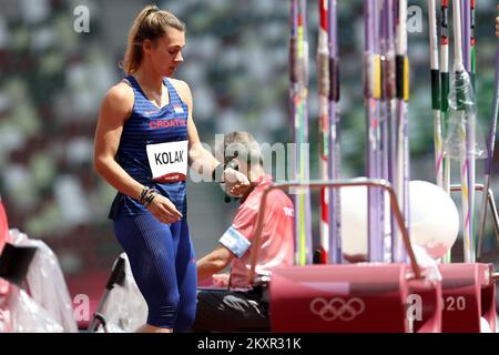 Sara Kolak del Team Croatia gareggia nella qualificazione femminile di lancio Javelin il giorno undici dei Giochi Olimpici di Tokyo 2020 allo Stadio Olimpico del 03 agosto 2021 a Tokyo, Giappone. Foto: Igor Kralj/PIXSELL Foto Stock