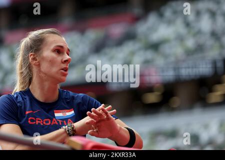 Sara Kolak del Team Croatia gareggia nella qualificazione femminile di lancio Javelin il giorno undici dei Giochi Olimpici di Tokyo 2020 allo Stadio Olimpico del 03 agosto 2021 a Tokyo, Giappone. Foto: Igor Kralj/PIXSELL Foto Stock