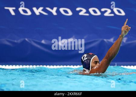 Max Irving ot Team United States festeggia un gol durante la Classifica del menâ 5th-6th tra Croazia e Stati Uniti il 16° giorno dei Giochi Olimpici di Tokyo 2020 al Centro Water Polo di Tatsumi il 08 agosto 2021 a Tokyo, Giappone.Photo: Igor Kralj/PIXSELL Foto Stock