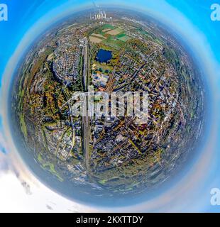 Veduta aerea, strada ciclabile, strada ciclabile, palestra Heisenberg e laghetto Nordpark, colpo di fisheye, colpo a 360 gradi, Gladbeck, zona della Ruhr, Nord Reno-Wes Foto Stock