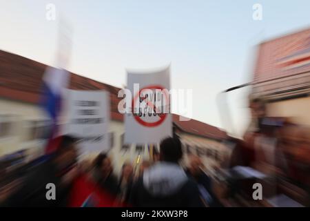 Manifestanti durante le manifestazioni a Zagabria, Croazia, il 13 novembre 2021. Molte persone si sono riunite per protestare contro i certificati COVID, il che significa che i cittadini devono essere vaccinati o avere un test negativo per entrare in alcune aree pubbliche. La protesta è stata organizzata da Vigilare, associazione cattolica coattiva, di fronte a San Piazza Marco. Foto: Emica Elvedij/PIXSELL Foto Stock