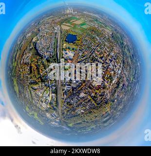 Veduta aerea, strada ciclabile, strada ciclabile, palestra Heisenberg e laghetto Nordpark, colpo di fisheye, colpo a 360 gradi, Gladbeck, zona della Ruhr, Nord Reno-Wes Foto Stock