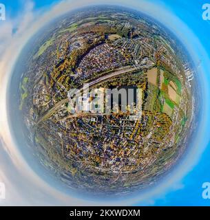 Veduta aerea, palestra Heisenberg, Nordpark con laghetto Nordpark, colpo di fisheye, colpo a 360 gradi, Gladbeck, area della Ruhr, Renania settentrionale-Vestfalia, Germania, 3 Foto Stock