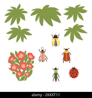 Foglie di alberi tropicali, fiori rossi e coleotteri isolati su sfondo bianco. Illustrazione Vettoriale