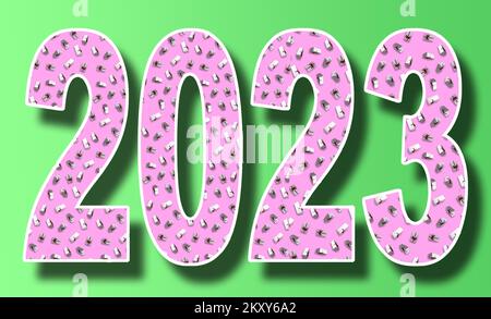 2023 in colore rosa con confezioni su sfondo verde, design creativo Foto Stock