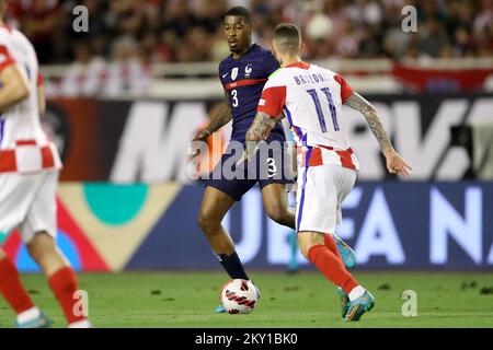 SPALATO, CROAZIA - GIUGNO 06: Presnel Kimpembe di Francia controlla una palla durante la Lega delle Nazioni UEFA Una partita del Gruppo 1 tra Croazia e Francia allo Stadion Poljud il 6 giugno 2022 a Spalato, Croazia. Foto: Igor Kralj/PIXSELL Foto Stock