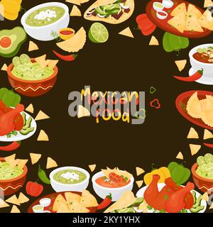 Poster tradizionale cibo messicano. Piatti latinoamericani Quesadilla, Tacos, guacamole con nachos, zuppa di pomodoro e zuppa verde, Empanadas, Achiote messicana Illustrazione Vettoriale