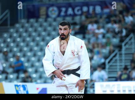 Tato Grigalashvili della Georgia vince il bronzo nella categoria degli uomini fino al 81kg durante l'IJF World Tour Zagreb Grand Prix, tenutosi presso l'Arena di Zagabria, in Croazia, il 16 luglio 2022. Foto: Zeljko Hladika/PIXSELL Foto Stock