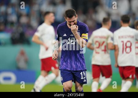 30 novembre 2022: DOHA, QATAR - 30 NOVEMBRE: Giocatore dell'Argentina Lionel messi reagisce durante la Coppa del mondo FIFA Qatar 2022, partita di gruppo C tra Argentina e Polonia allo Stadio 974 il 30 novembre 2022 a Doha, Qatar. (Credit Image: © Florencia Tan Jun/PX Imagens via ZUMA Press Wire) Credit: ZUMA Press, Inc./Alamy Live News Foto Stock