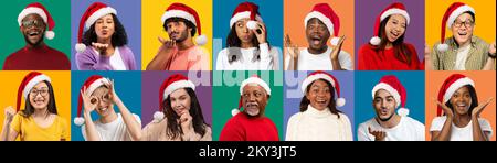Collage di uomini e donne multiculturali sorridenti positivi in cappelli di babbo natale Foto Stock