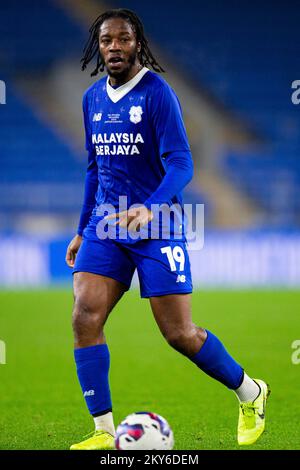 Cardiff, Regno Unito. 30th Nov 2022. Romaine Sawyer di Cardiff City in azione. Cardiff City / Aston Villa nel Peter Whittingham Memorial Match al Cardiff City Stadium il 30th novembre 2022. Credit: Lewis Mitchell/Alamy Live News Foto Stock