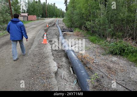 Galena, Alaska, 30 giugno 2013 ufficiale dello Stato dell'Alaska Jeremy Zidek cammina lungo la linea d'acqua che è stata erosa a causa delle gravi inondazioni che hanno colpito questa parte del territorio. Il finanziamento federale sotto forma di assistenza pubblica è disponibile per le amministrazioni locali statali, tribali e ammissibili su una base di ripartizione dei costi per i lavori di emergenza e la riparazione e la sostituzione di strutture danneggiate dall'inondazione nell'area regionale di frequenza educativa dell'Alaska Gateway (REAA). Adam DuBrowa/ FEMA.. Fotografie relative a disastri e programmi, attività e funzionari di gestione delle emergenze Foto Stock