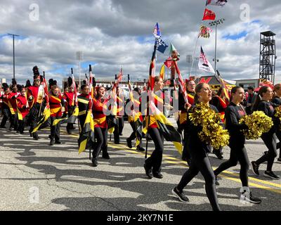 The Might Sound of Maryland Marching Band con l'Università del Maryland. Band si sposa prima di una partita di calcio. College Park, Maryland, Stati Uniti. Foto Stock